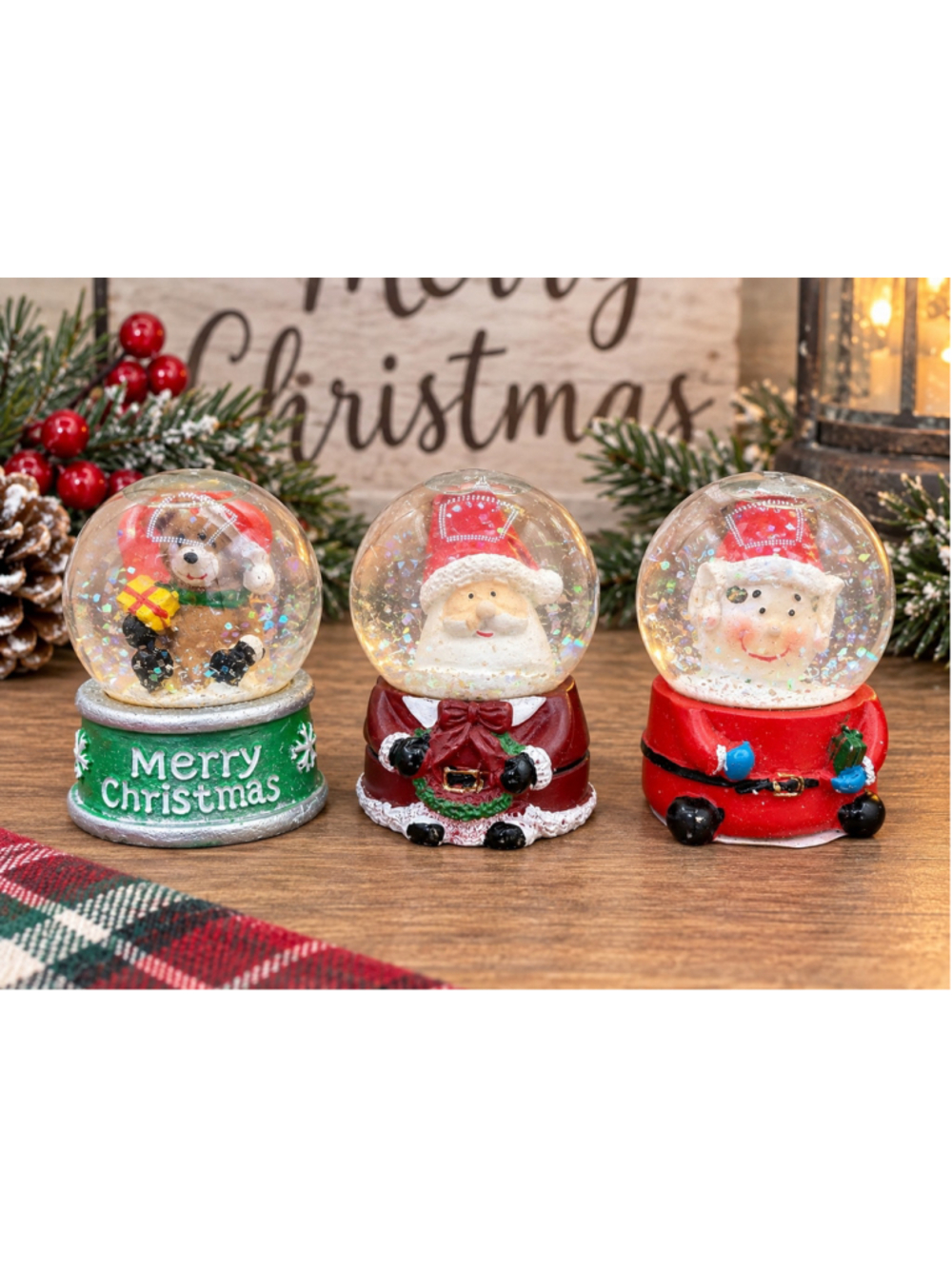 Lot of 3 Mini Christmas Snow Globes Santa Snowman Bear Glitter Holiday Decor